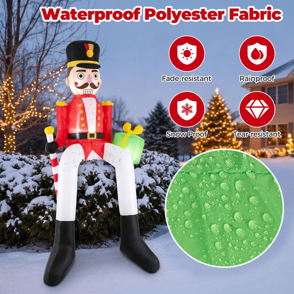 8.7 ft inflatable Christmas nutcracker decoration made of waterproof polyester fabric, featuring bright LED lights for outdoor use.