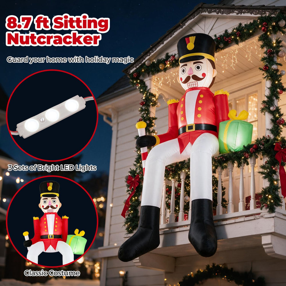 8.7 ft inflatable Christmas nutcracker decoration with LED lights, perfect for festive outdoor displays and easy setup.