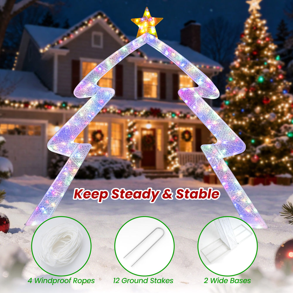 Christmas tree-shaped archway with top star, featuring bright LED lights and sturdy metal frame for outdoor decoration.