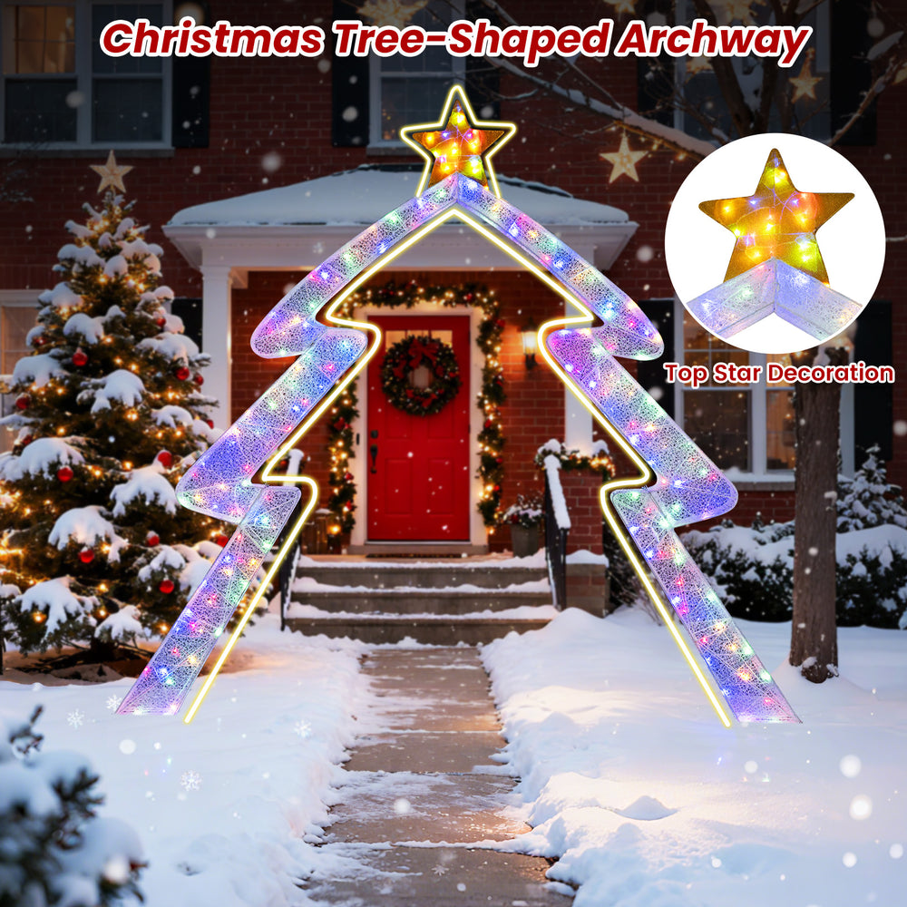 Christmas tree-shaped archway, 8.8 feet tall, with a bright top star and adjustable lights for festive outdoor displays.