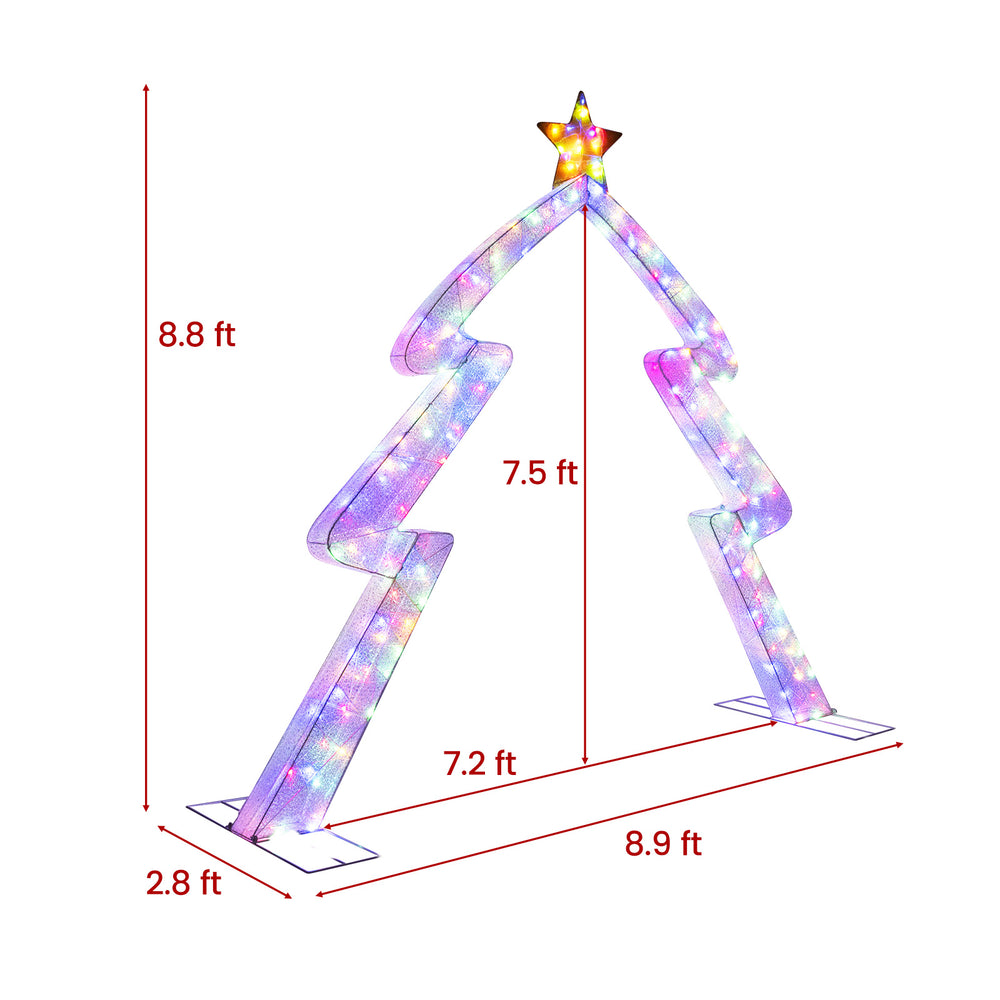 Christmas tree-shaped archway with top star, 8.8 ft tall, featuring bright LED lights for festive yard decoration.