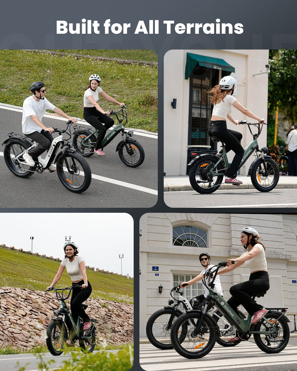 isinwheel U8 Electric Bike for Adults - lifestyle collage (built for all terrains)