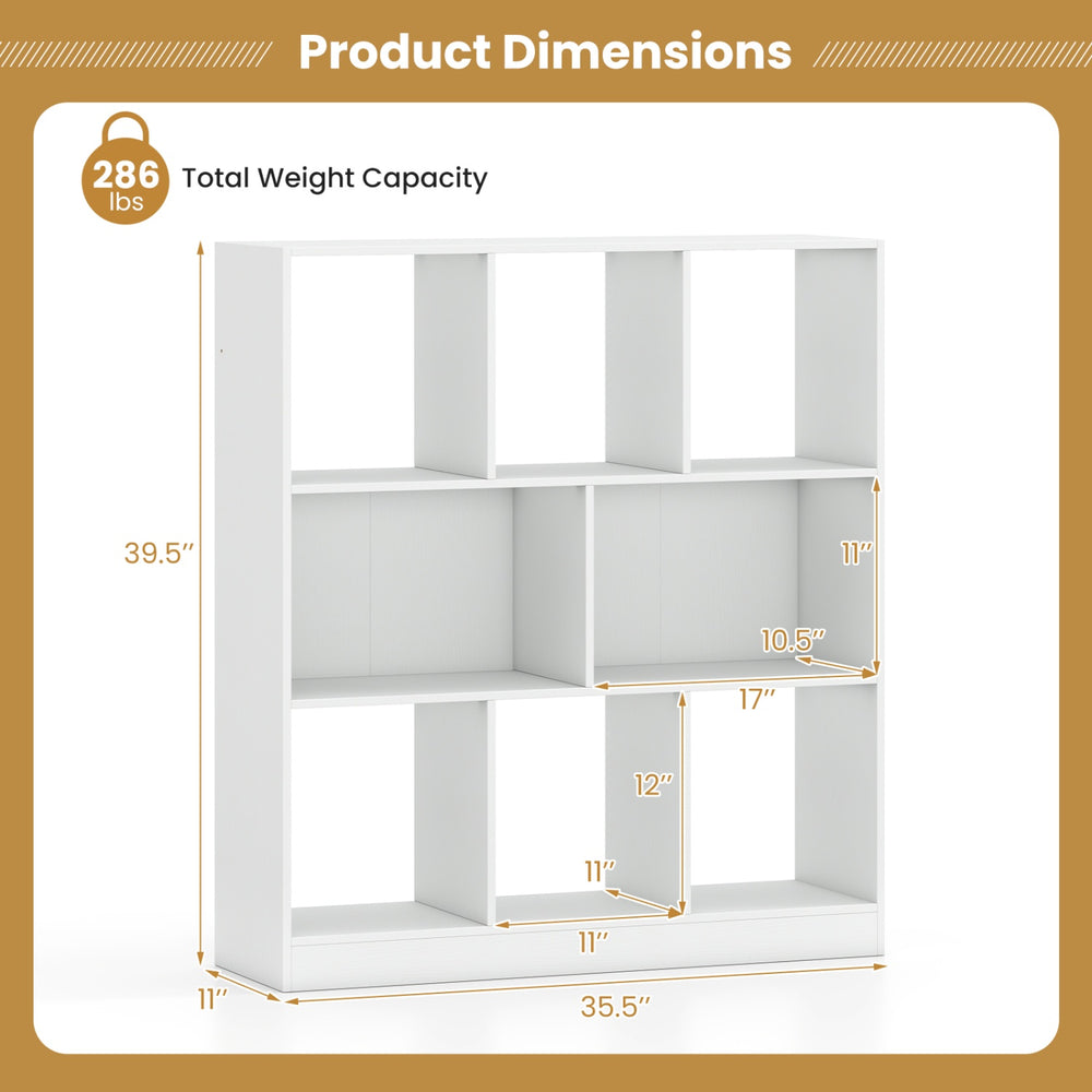 8-cube bookcase in rustic brown and white features closed-back compartments for secure storage in living rooms or offices.