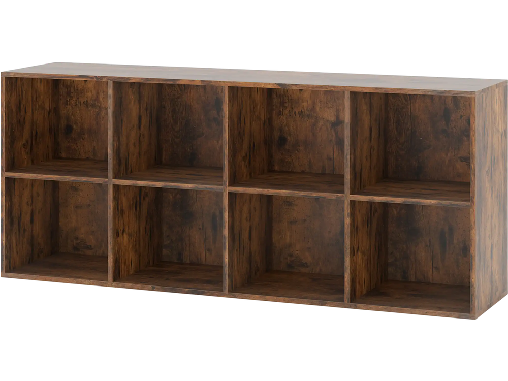 Rustic brown 8-cube bookshelf with wide countertop and anti-tipping kits, ideal for organized storage in any room.