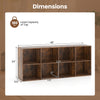 8-cube bookshelf in rustic brown with dimensions, featuring anti-tipping kits and a wide countertop for storage.