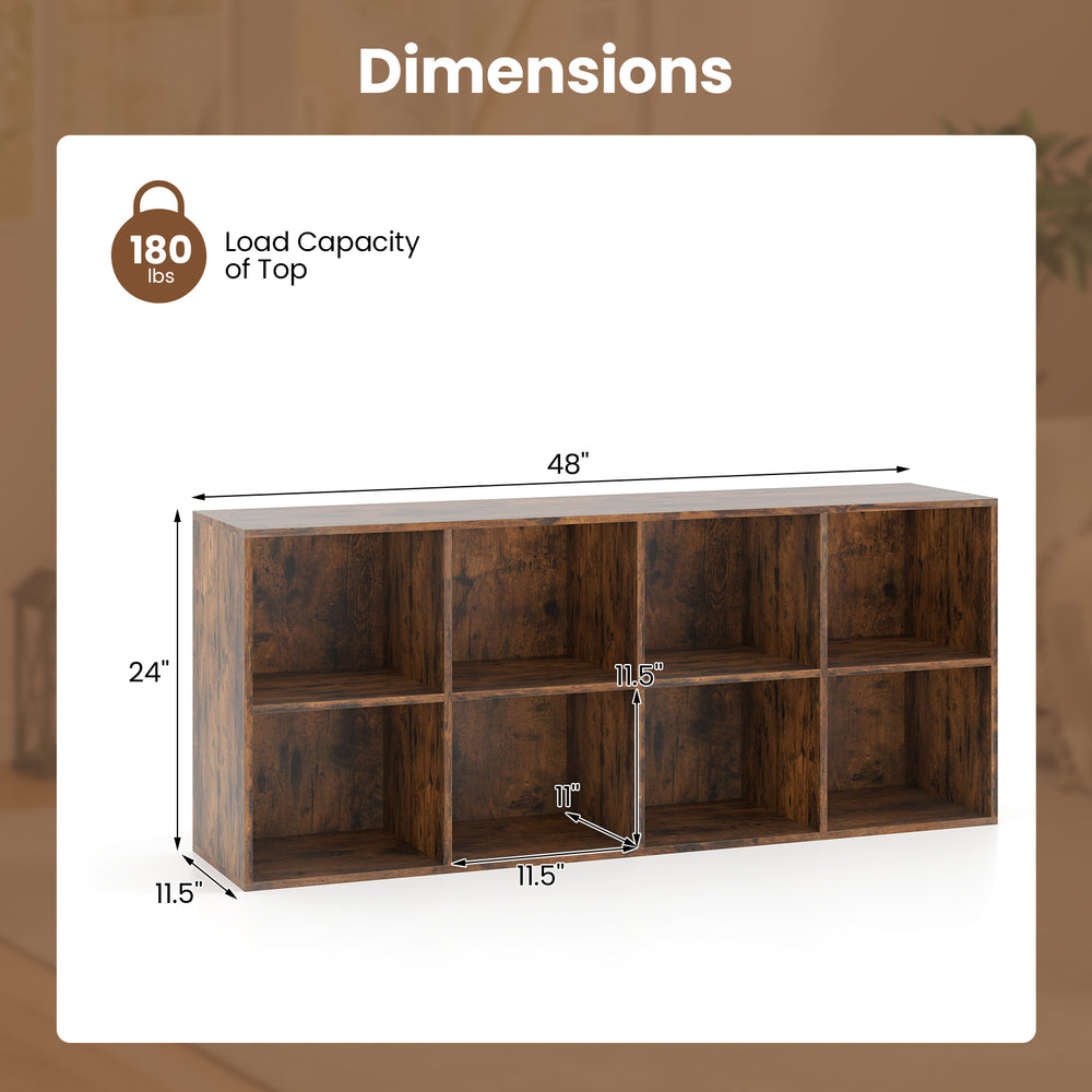 8-cube bookshelf in rustic brown with dimensions, featuring anti-tipping kits and a wide countertop for storage.
