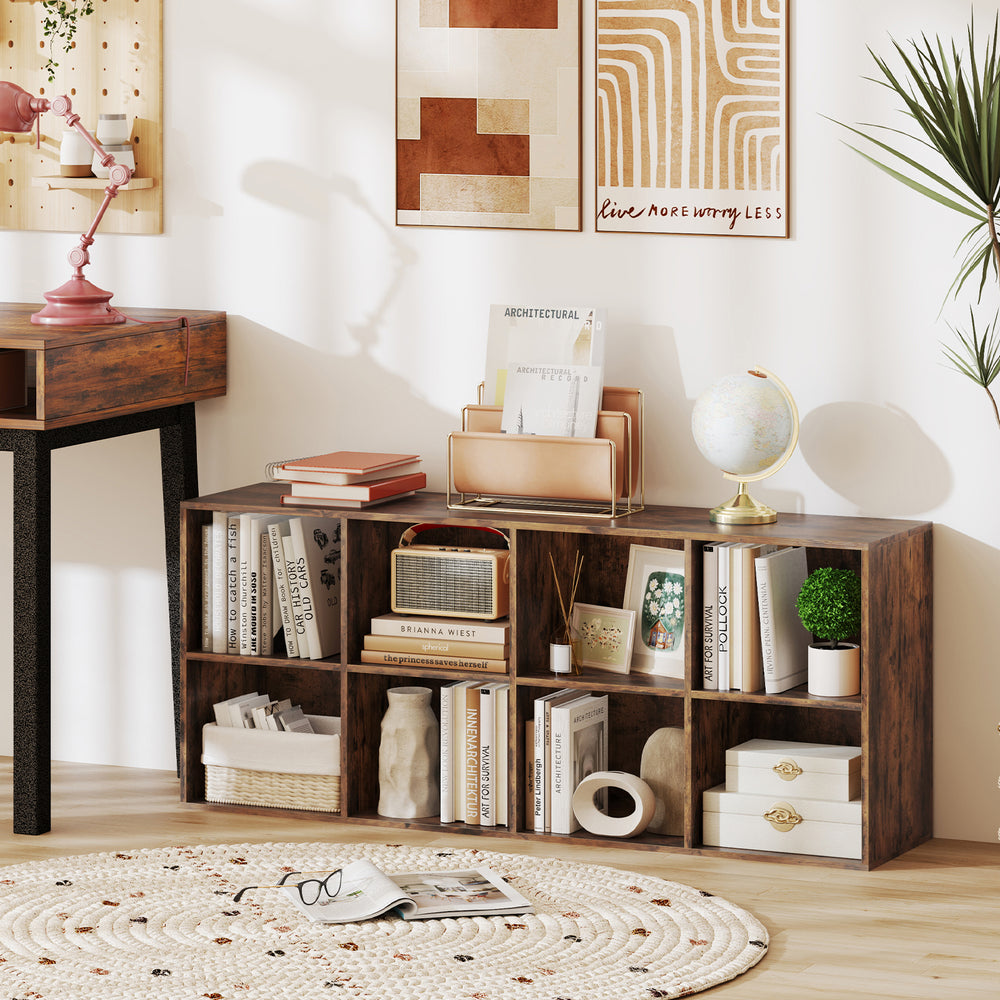 8-cube bookshelf in rustic brown with storage cubes and anti-tipping kits, ideal for living rooms and studies.