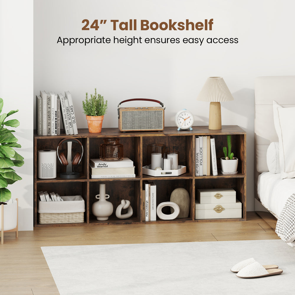 24" tall rustic brown bookshelf with 8 storage cubes, perfect for organizing books and decor in any room.