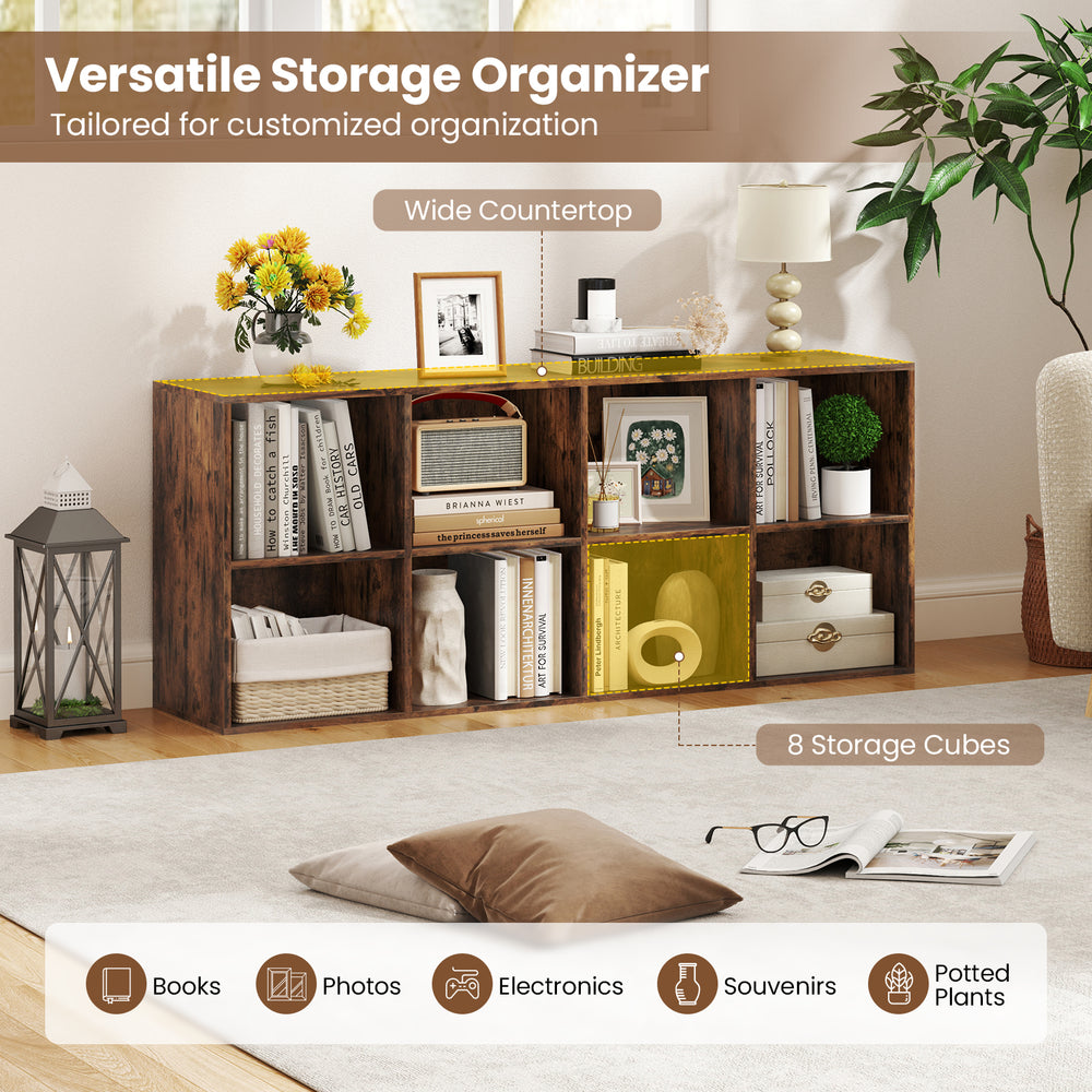 8-cube bookshelf in rustic brown with wide countertop and anti-tipping kits, perfect for organizing books and decor.