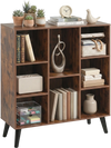 Rustic brown 8-cube bookcase with raised support legs, featuring various storage options for living room organization.