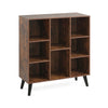 Rustic brown 8-cube bookcase with raised support legs, featuring two cube sizes and anti-tipping kits for safety.