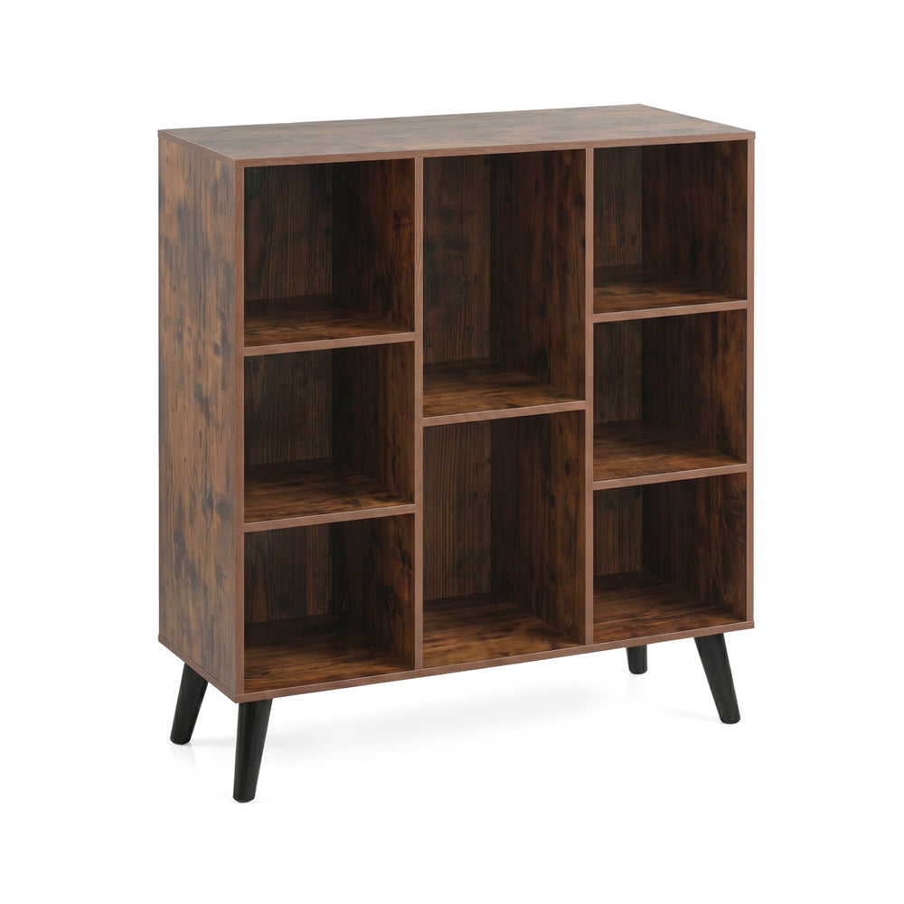 Rustic brown 8-cube bookcase with raised support legs, featuring two cube sizes and anti-tipping kits for safety.