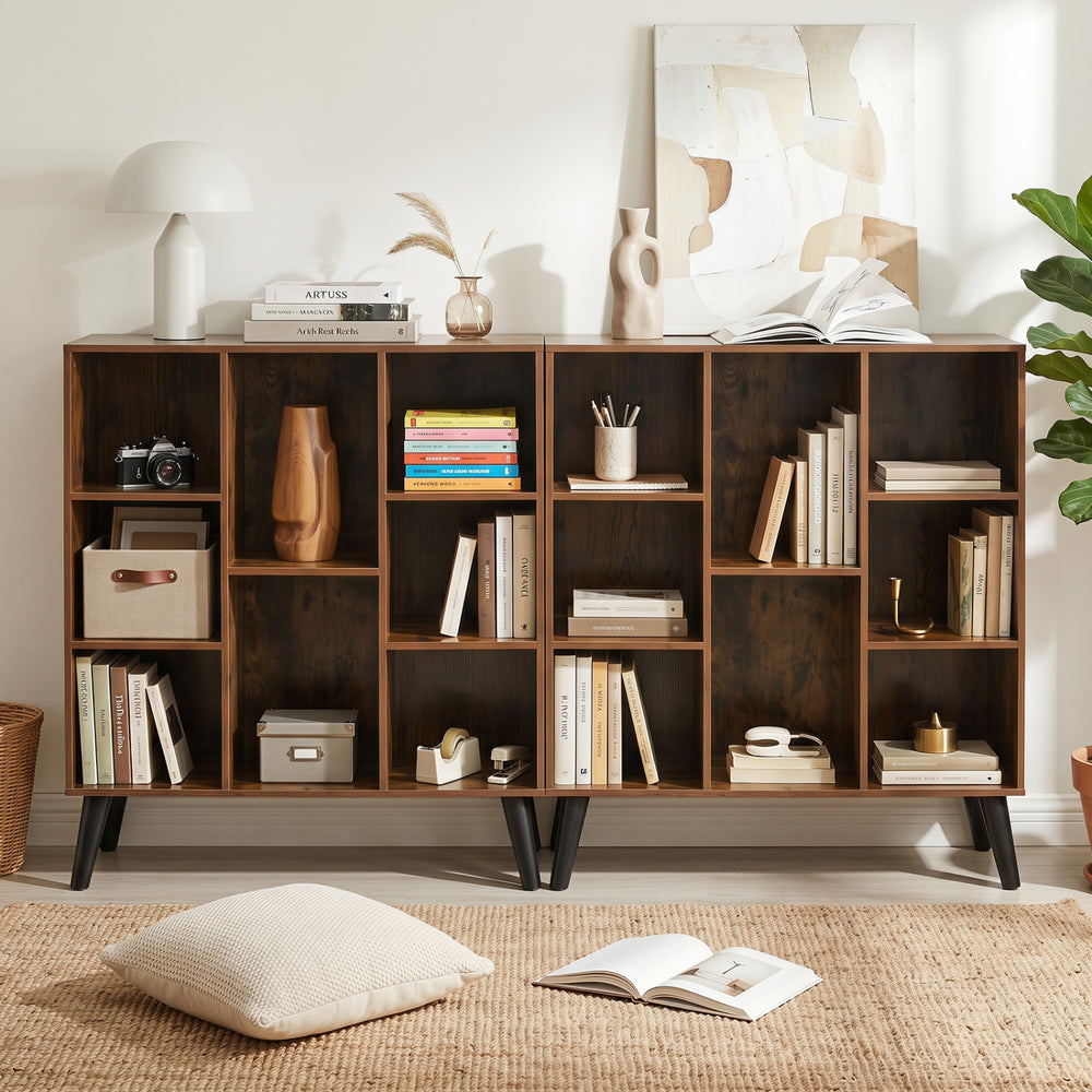 Rustic brown 8-cube bookcase with raised support legs, featuring ample storage for books and decor in the living room.