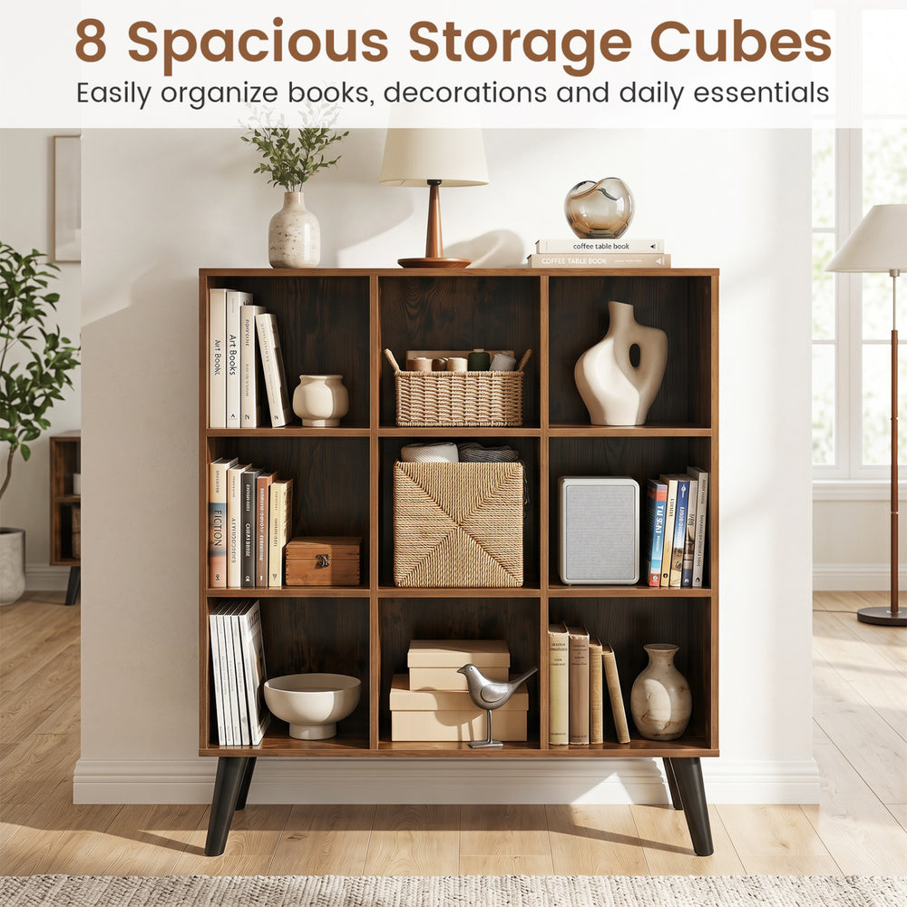 Rustic brown 8-cube bookcase with raised support legs offers versatile storage for books and decorations in any living room.