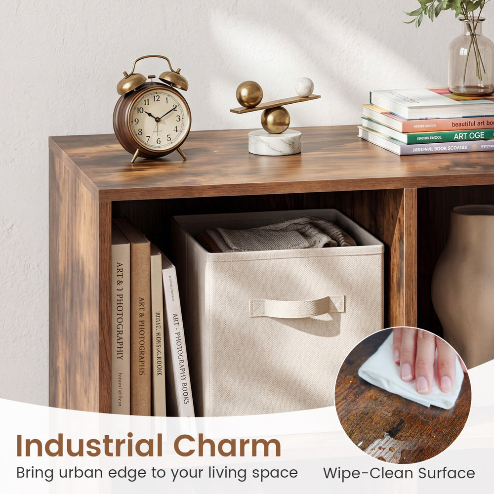 8-cube bookcase in rustic brown features raised support legs and easy-to-clean surface, ideal for living room organization.