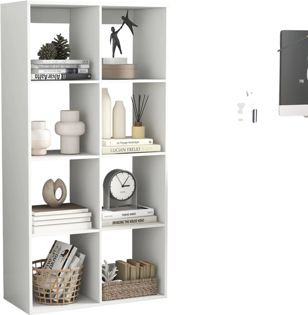 8-cube bookshelf in white with back guardrail, perfect for storing books and decor in living room or bedroom.