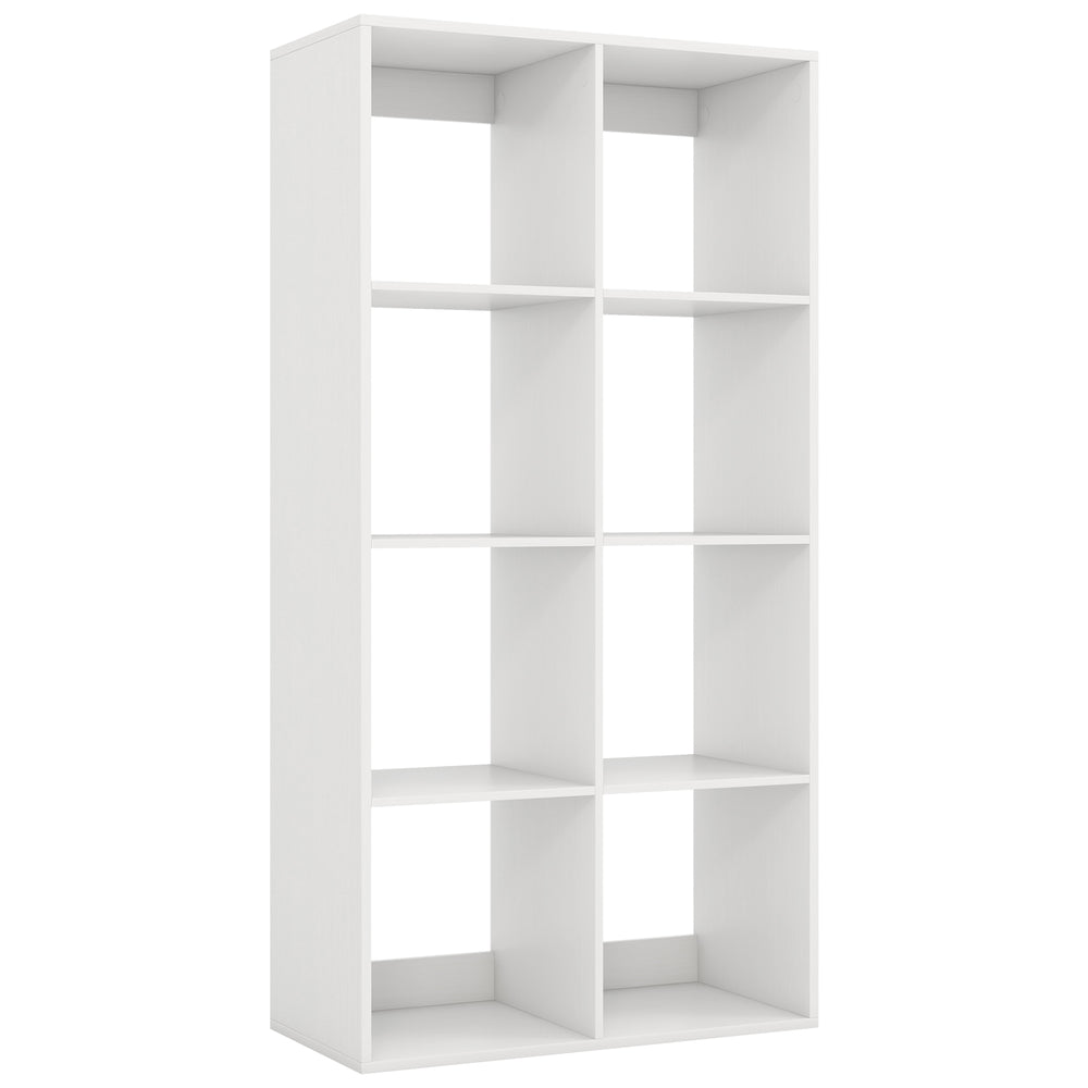 8-cube bookshelf in white with back guardrail, ideal for storing books and decorations in living room or bedroom.