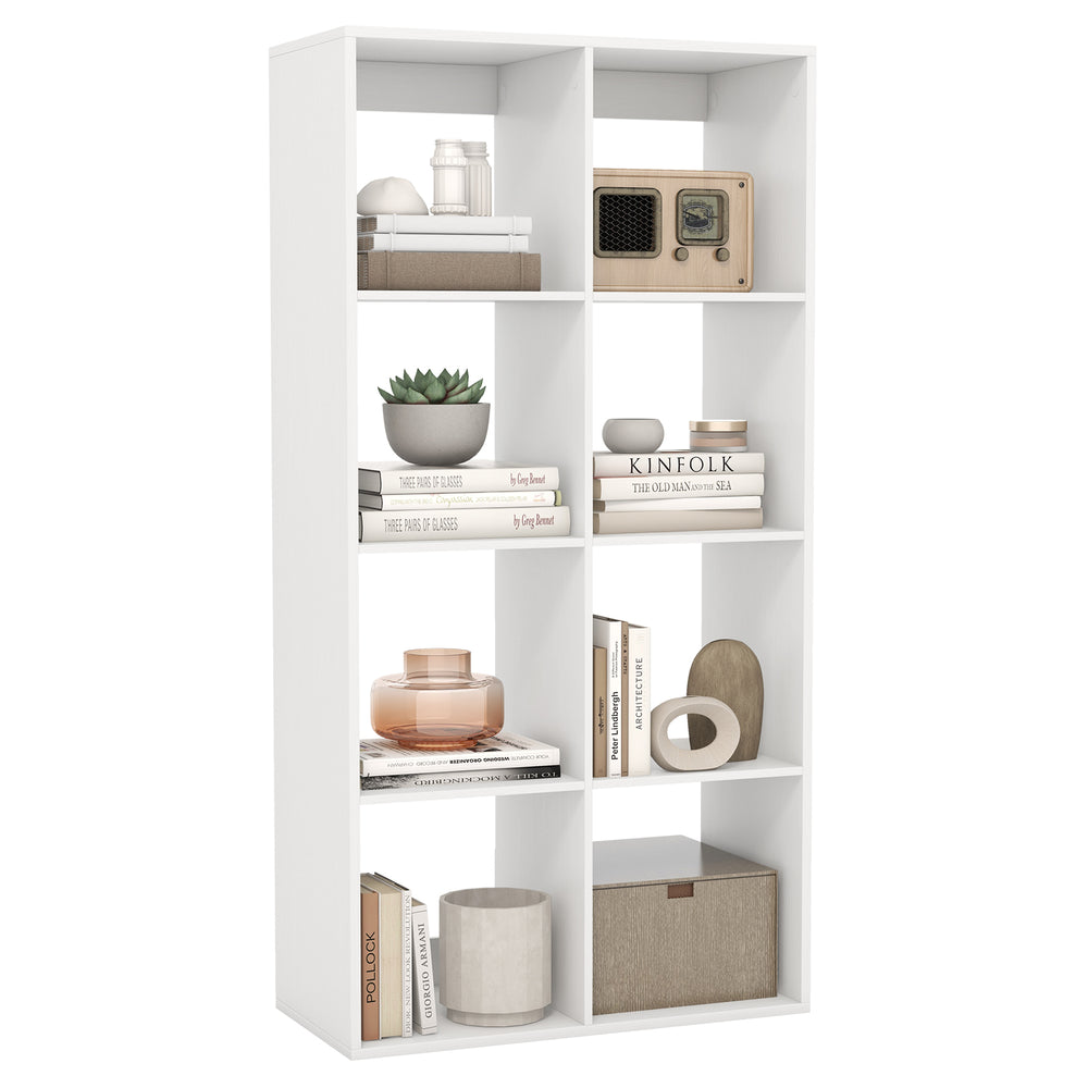 8-cube bookshelf in white with back guardrail, ideal for storing books and decor in living room or bedroom.