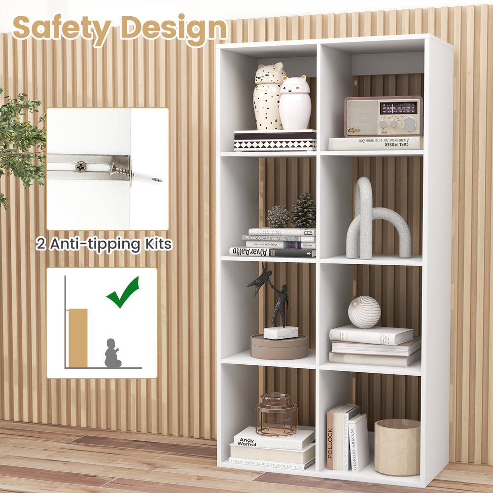 8-cube bookshelf in white with back guardrail, featuring anti-tipping kits for safety and ample storage for decor and.
