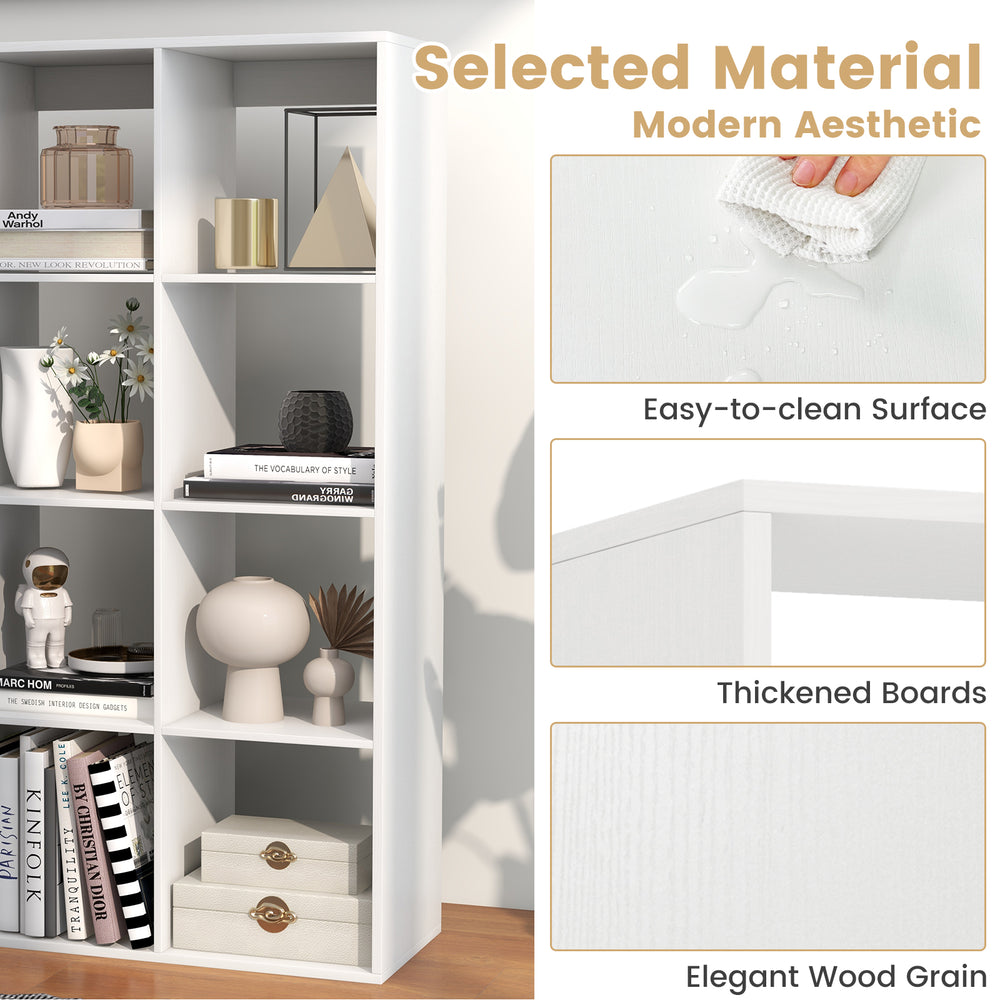 8-cube bookshelf in white with elegant wood grain, featuring easy-to-clean surface and thickened boards for durability.