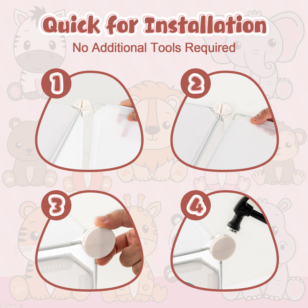 Installation steps for the 8 Cube Kids Wardrobe Closet, showcasing tool-free assembly and flexible hanging options.