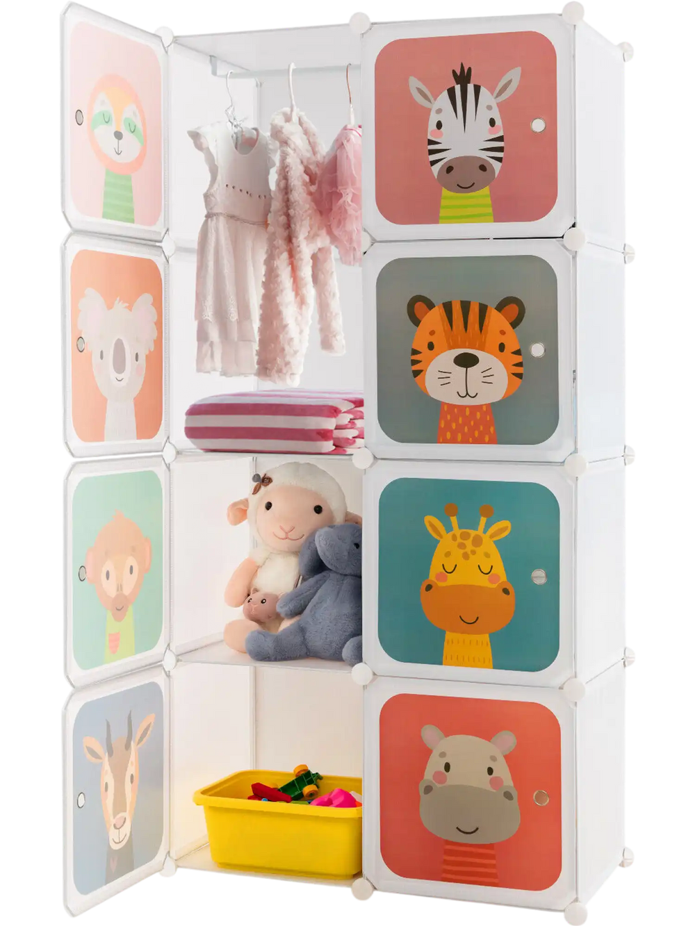 Colorful 8-cube kids wardrobe closet with cartoon animal doors, featuring a hanging section for versatile storage.