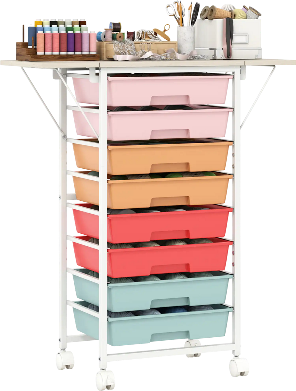 8-drawer rolling storage cart with a spacious tabletop and 4 universal wheels for easy mobility and organization.