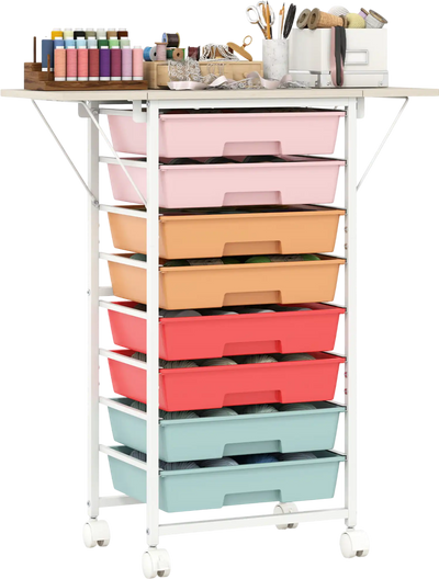 Costway 8-Drawer Rolling Storage Cart Wood Top Folding Side Panels 38929632 New