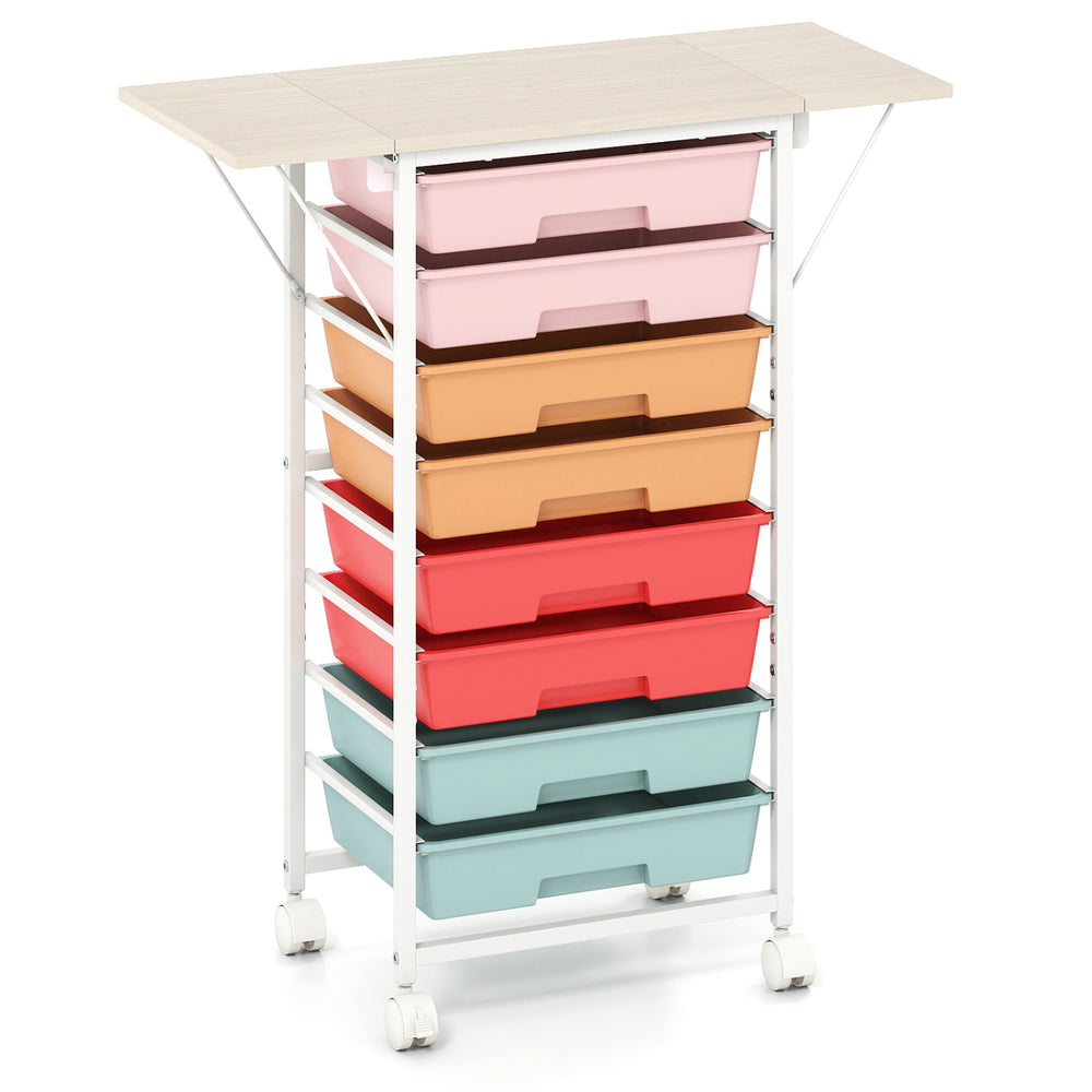 8-drawer rolling storage cart with a spacious tabletop and 4 universal wheels for versatile organization in any room.