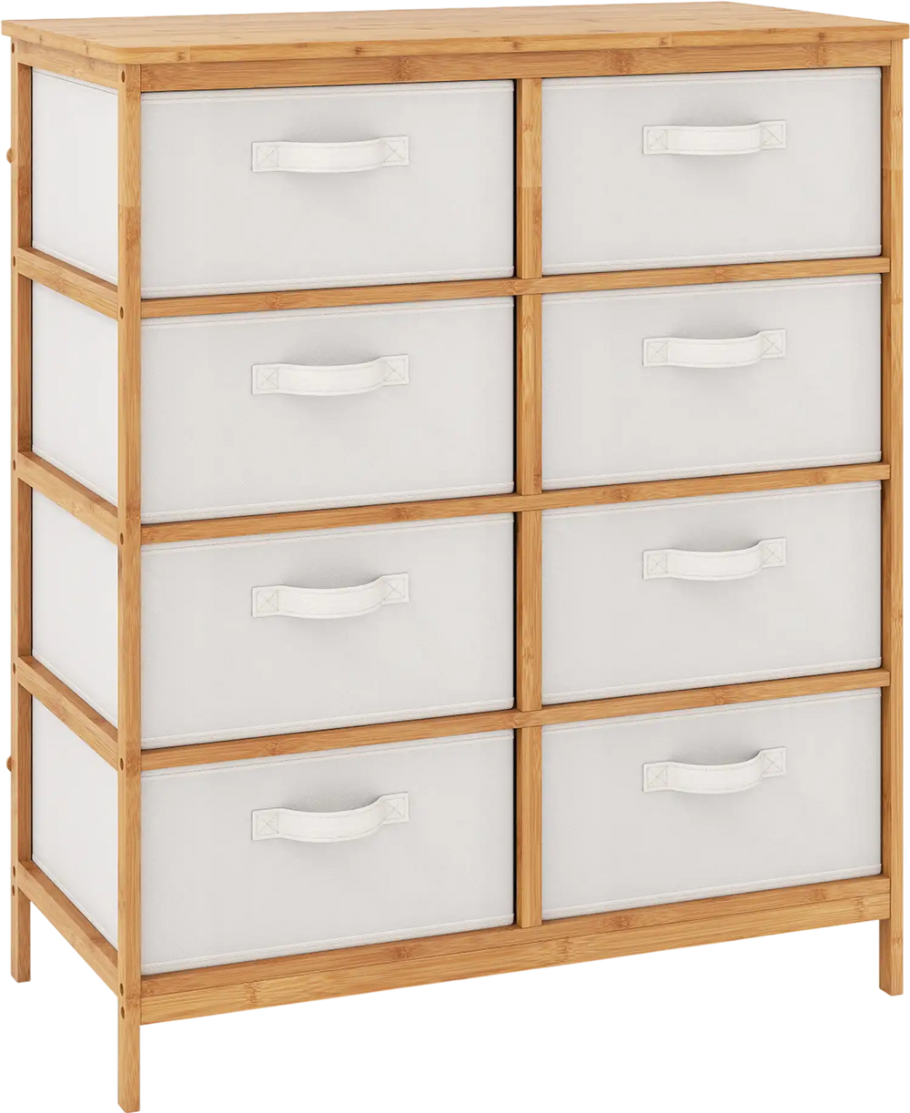 8-drawer dresser with removable beige fabric bins and sturdy bamboo frame, ideal for bedroom organization and display.
