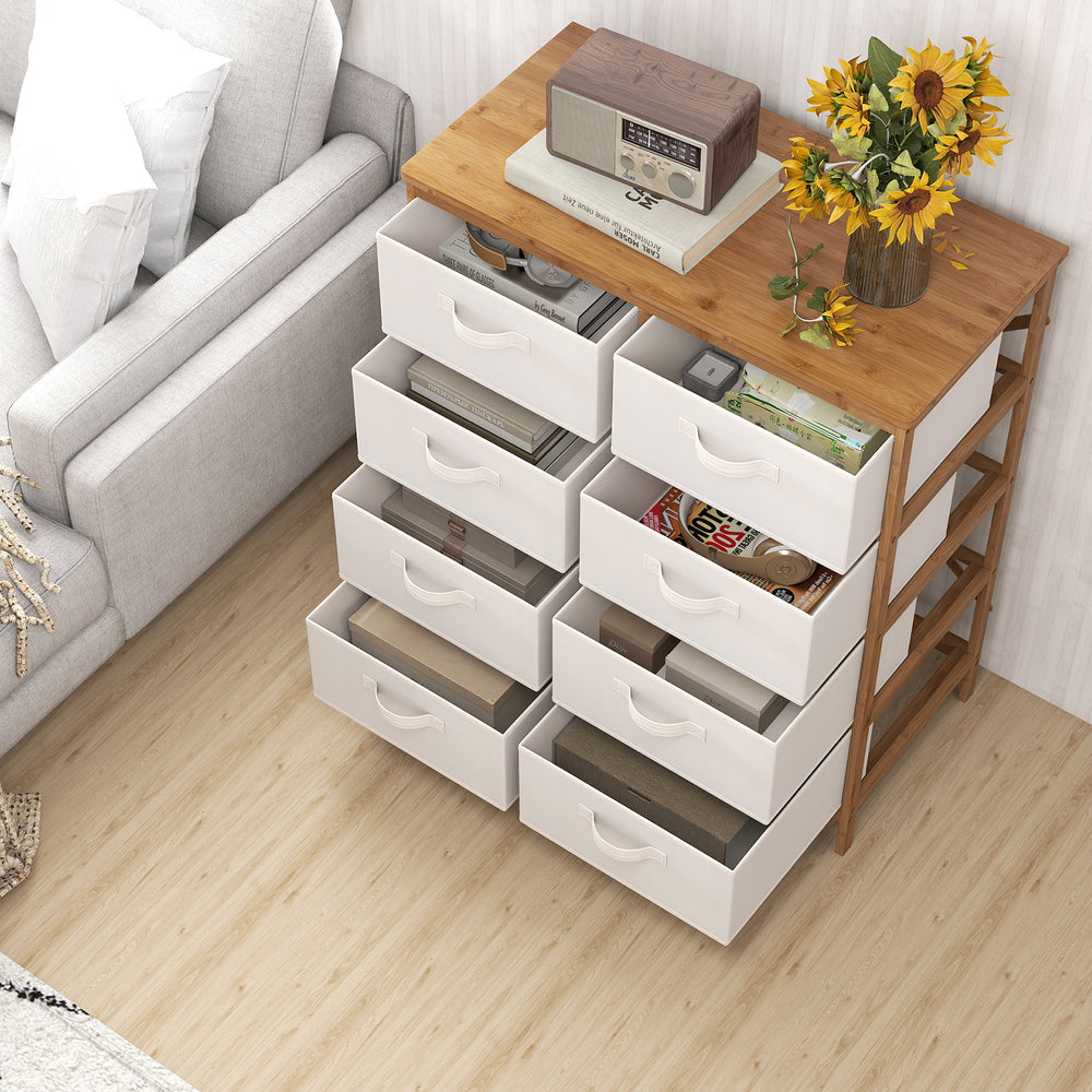 8-drawer dresser with removable fabric bins in beige, featuring a sturdy bamboo frame, ideal for bedroom organization.