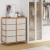 8-drawer dresser with beige fabric bins and sturdy bamboo frame, featuring rounded corners for added safety in bedrooms.