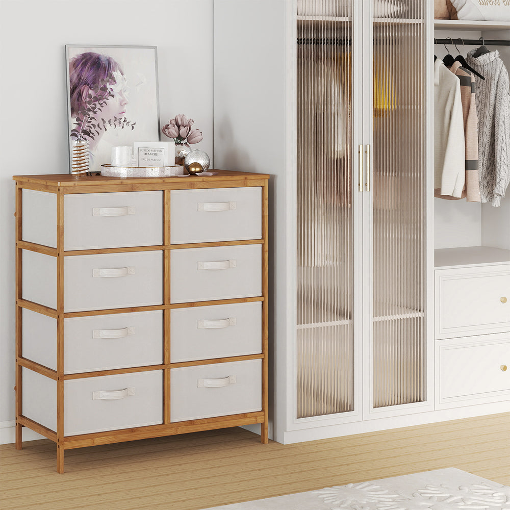 8-drawer dresser with beige fabric bins and sturdy bamboo frame, featuring rounded corners for added safety in bedrooms.