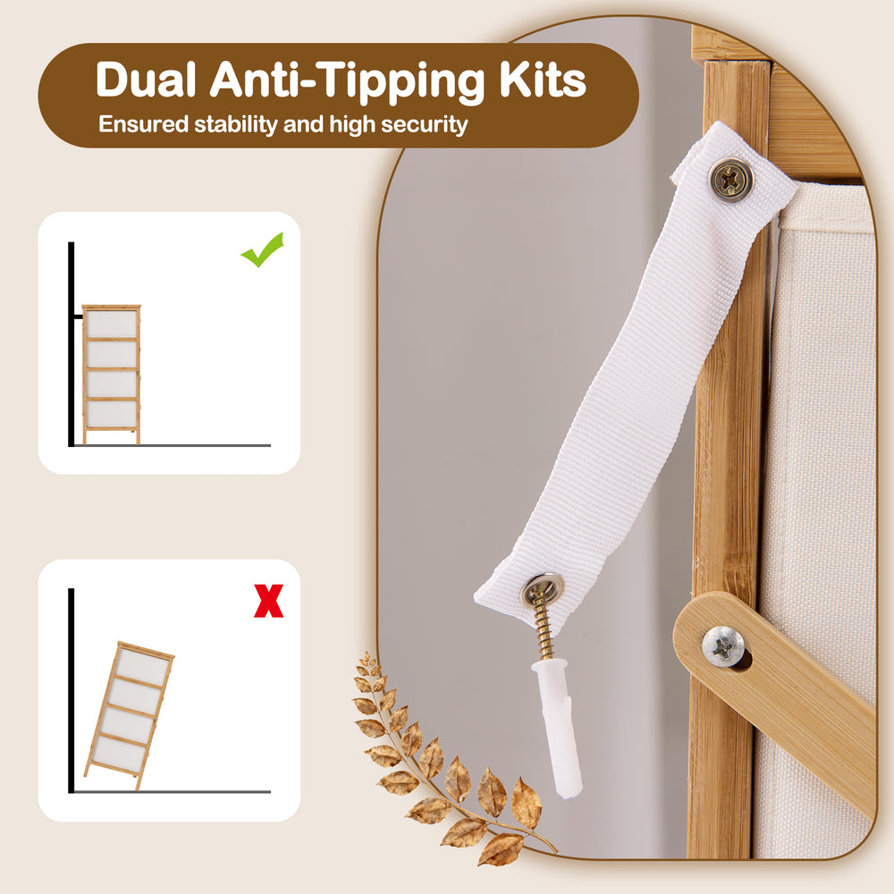 Detail of dual anti-tipping kits on the 8-drawer dresser, ensuring stability and security for safe use in bedrooms.