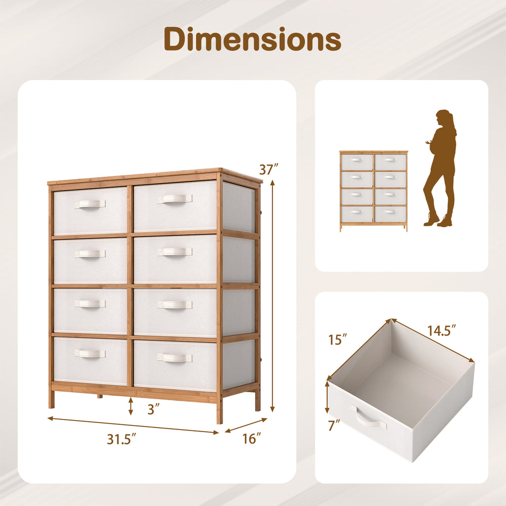 Dimensions of an 8-drawer dresser with removable beige fabric bins, showcasing measurements for bedroom organization.