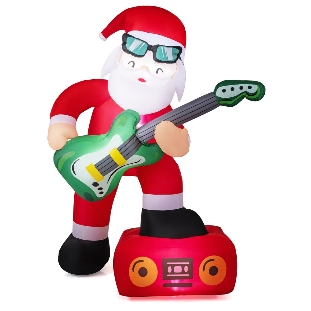 Santa Claus inflatable decoration with guitar and amplifier, featuring vibrant colors and easy inflation for festive outdoor fun.