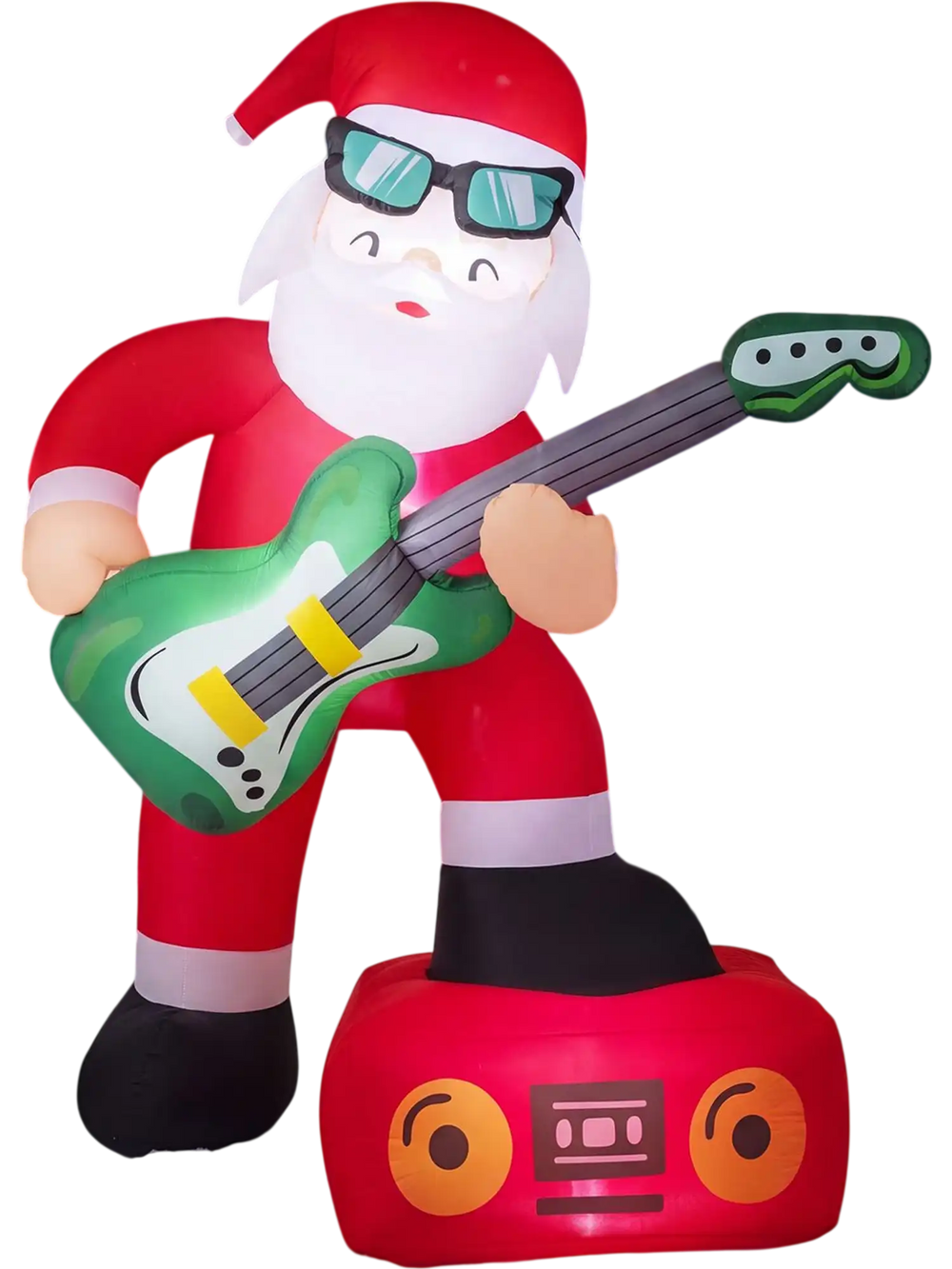 Santa Claus inflatable decoration playing guitar with bright LED lights, ideal for holiday yard displays and themed parties.