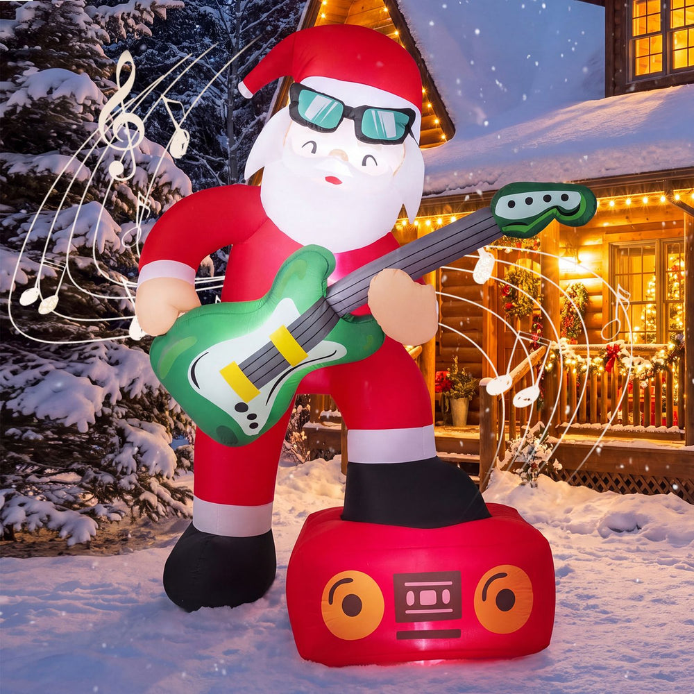 Santa Claus inflatable decoration playing guitar with amplifier, featuring bright LED lights and built-in music player for festive cheer.