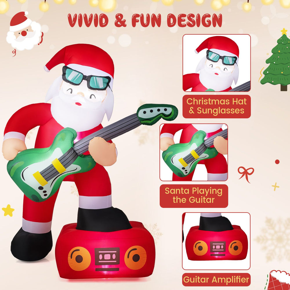 Santa Claus inflatable decoration playing guitar with amplifier, bright LED lights, perfect for holiday yard displays.