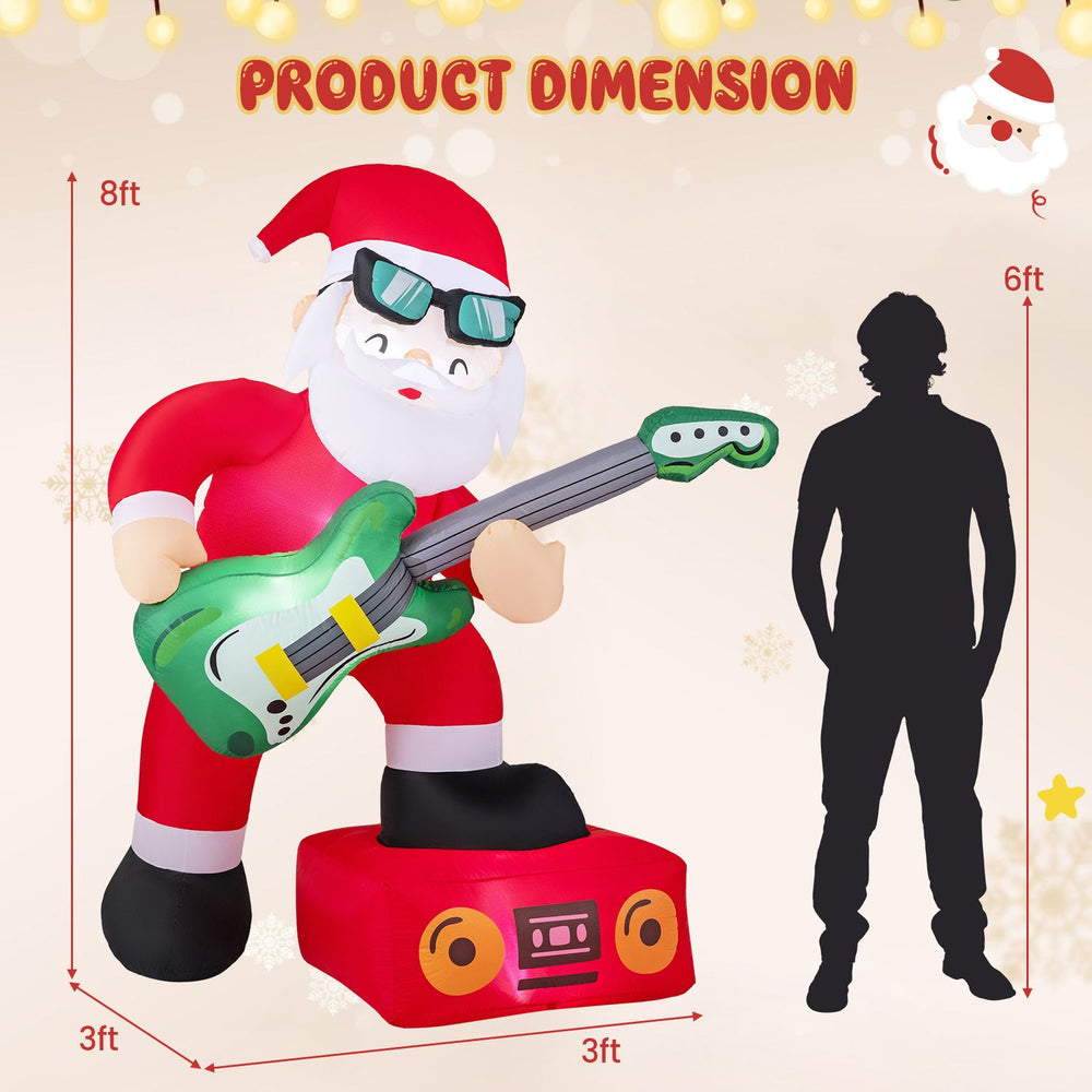 Santa Claus inflatable decoration playing guitar, 8 ft tall, with LED lights and built-in music player for festive cheer.