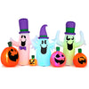 Three cute ghosts and four pumpkins with RGB LED lights create a festive Halloween scene for your yard or patio.
