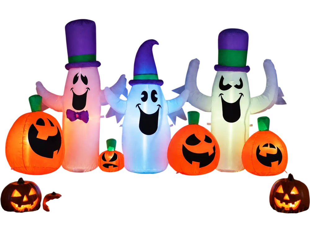 Three cute ghosts and four pumpkins with RGB LED lights create a festive Halloween display for your yard or porch.