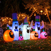 Three cute ghosts with pumpkins and built-in RGB LED lights create a festive Halloween display for your yard.