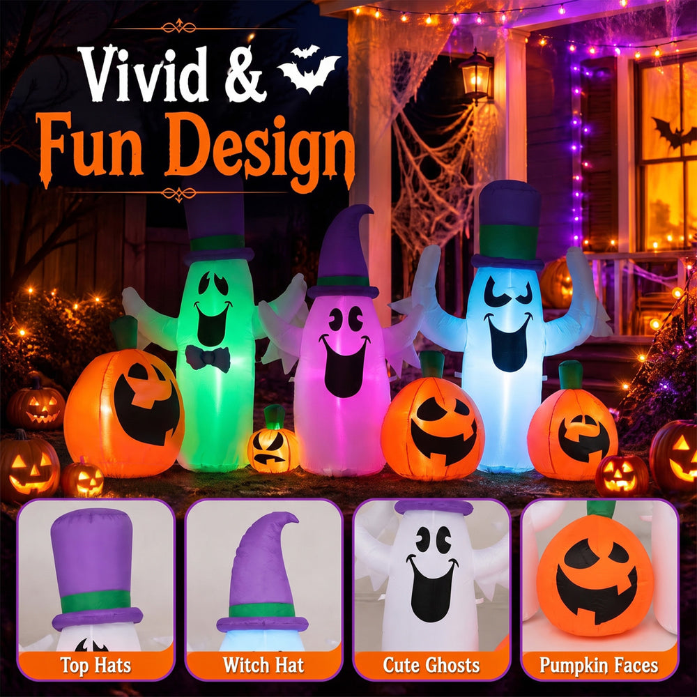 Three cute ghosts with hats and four pumpkins illuminated by RGB LED lights for a festive Halloween display.