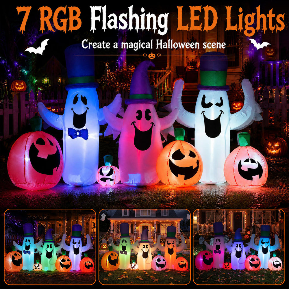 Three cute ghosts and four pumpkins with RGB LED lights create a magical Halloween scene for your yard or patio.