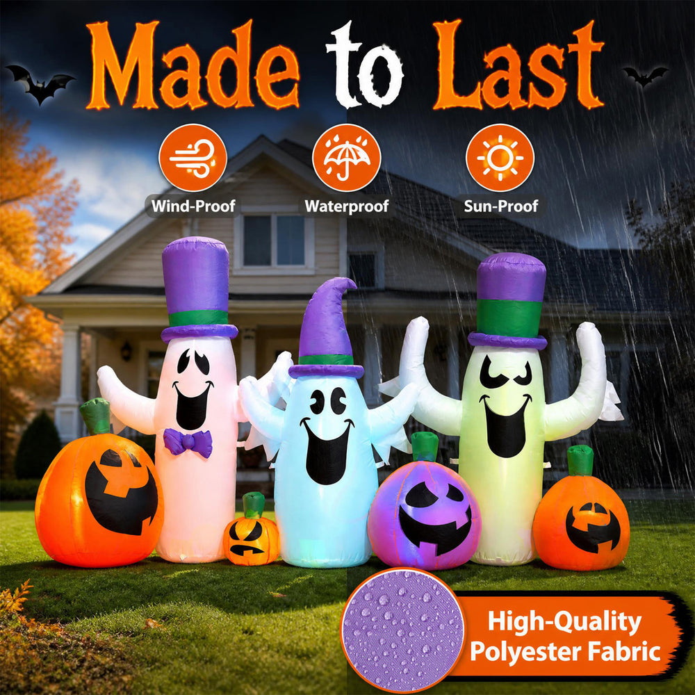 Three cute ghosts with pumpkins and RGB LED lights made of waterproof polyester for Halloween yard decorations.