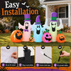 Three cute ghosts with hats and pumpkins, featuring built-in RGB LED lights, perfect for Halloween yard decorations.