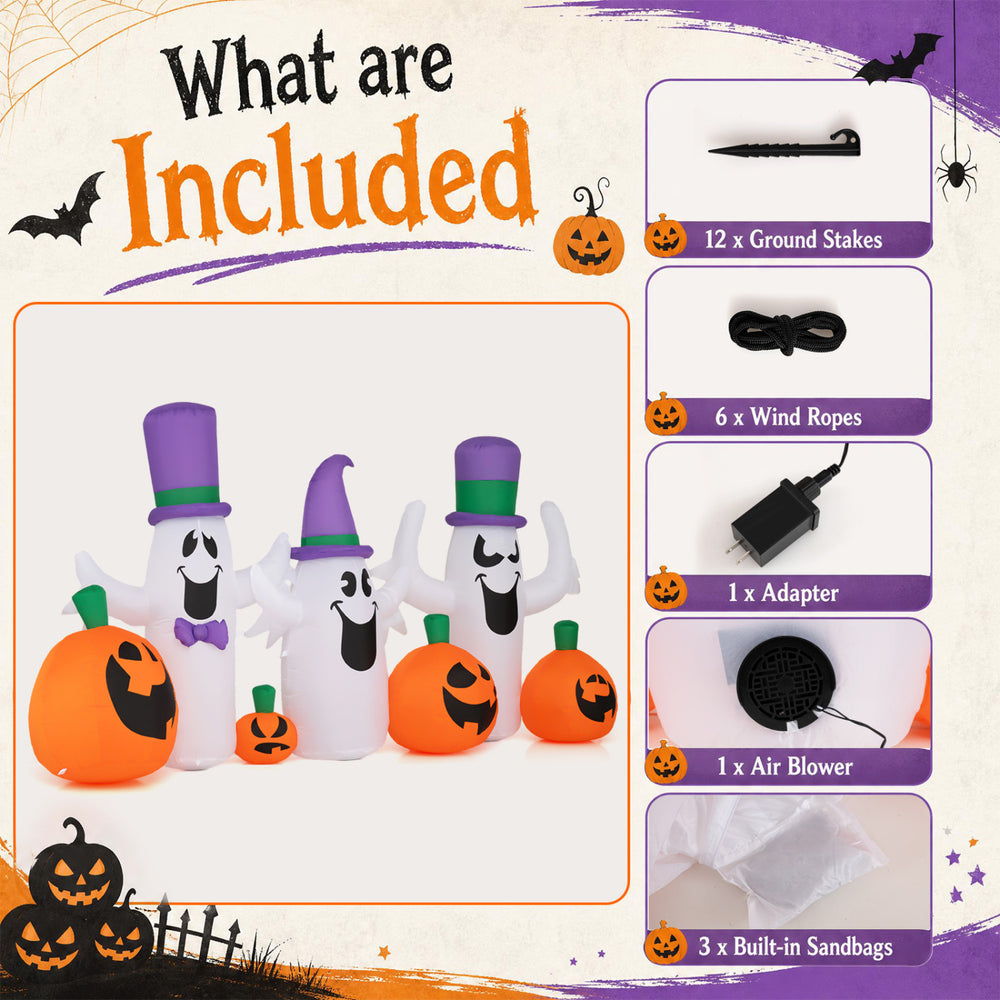 Three cute ghosts with pumpkins and built-in RGB LED lights for a magical Halloween display in your yard.