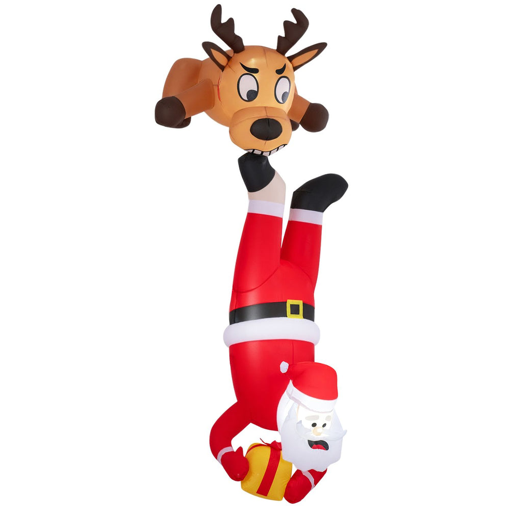 Inflatable climbing Santa Claus and reindeer with LED lights, shown full-length in red polyester fabric for holiday decorating.