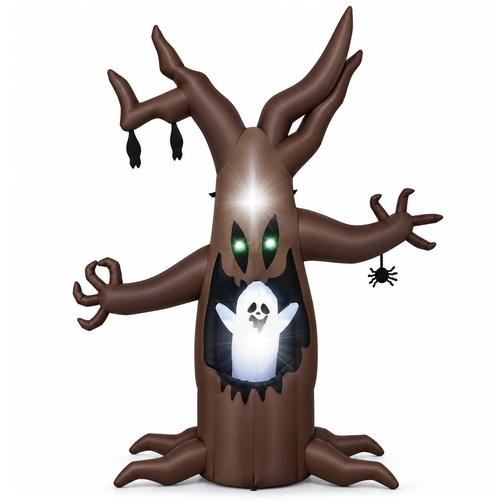 Scary Halloween inflatable tree stands 8 ft tall, features a popping ghost, LED-lit eyes, and twisted branches for decoration.